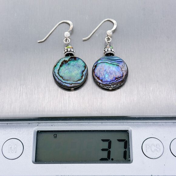 Vintage Sterling Silver 925 Abalone Disk Crystal Dangle Earrings - Picture 5 of 5